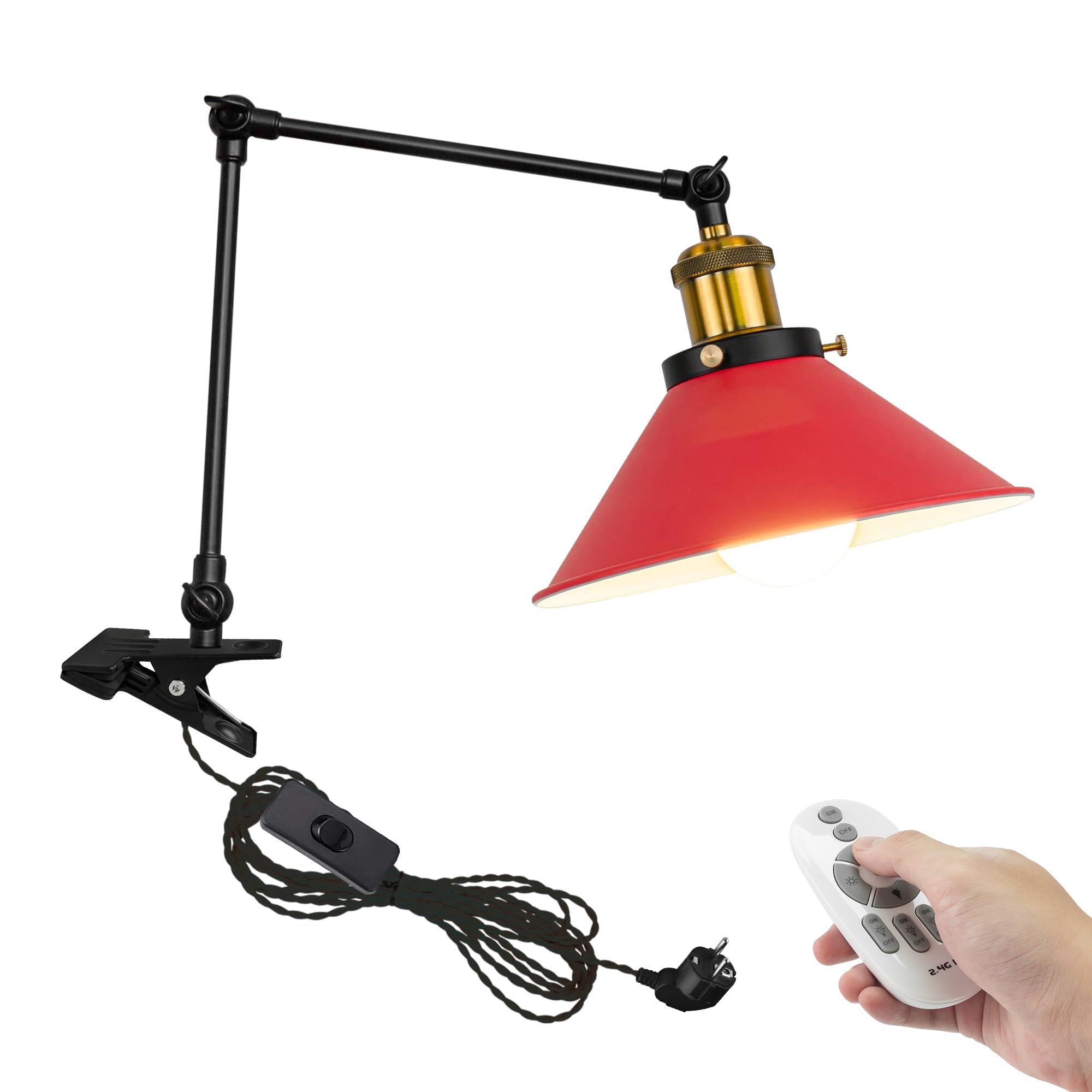 Industrial Klemmleuchte mit Fernsteuerung, Einstellbar Clip auf Schreibtisch Leselampe,Dimmbar Clamp Nachttischlampe mit Flexarm für Schreibtisch Nachttisch Regal-Rot TD0633