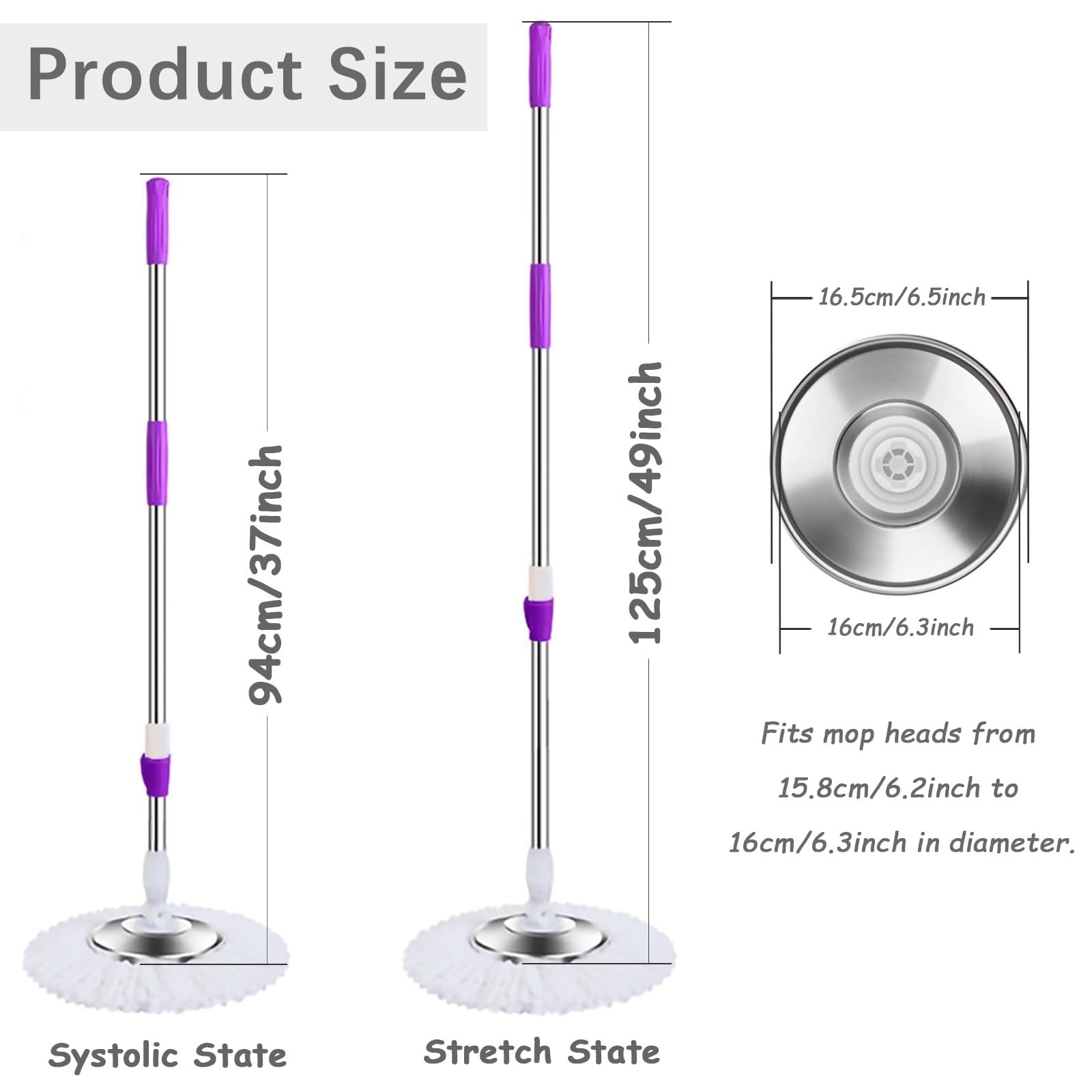 Spin Mop Replacement Handle, 49-inch 360 Degree Rotating Telescopic Spin Mop Pole Handle and Stainless Steel Mop Disc for Household Floor Cleaning Accessories (Red)