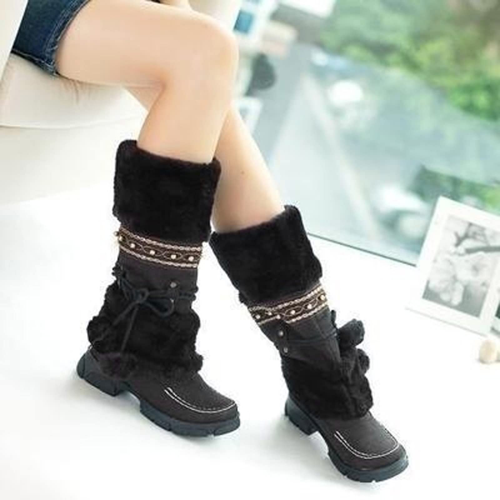 Stivali da Neve Donna con Tacco Caldi Stivaletti Slip-On Pelo Medio Rotondi Design Retro Antiscivolo Impermeabili Invernali