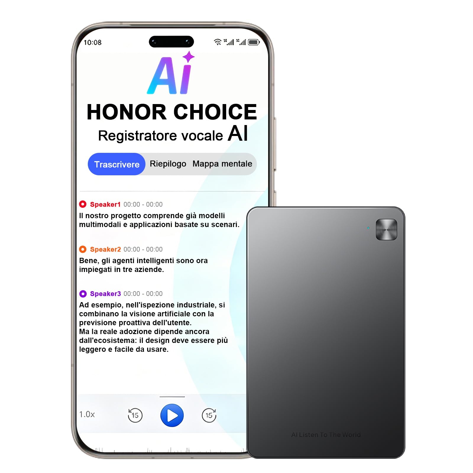 HONOR CHOICE AI Note Registratore Vocale, 600 Min/Mese di Trascrizione Gratuita, Dictafone Digitale con Riepiloghi IA e Mappe Mentali, 130+ Lingue, Sottile Scheda Magnetica, per Riunioni e Chiamate