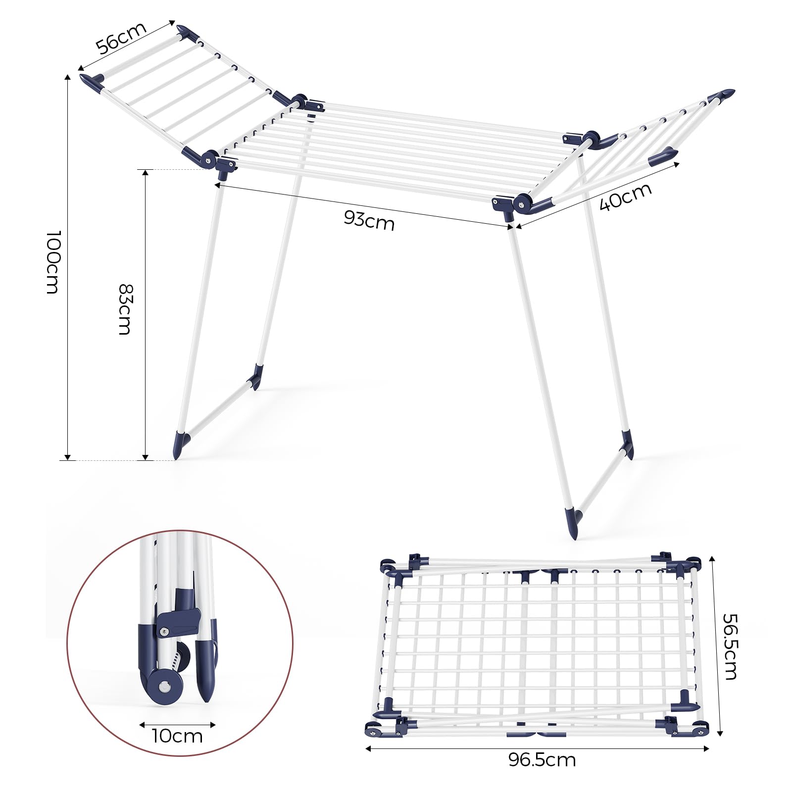 SYKIARIOL Wäscheständer, Standtrockner, Stabiler Flügelwäscheständer für platzsparende Aufbewahrung, Klappbarer Gullwing Wäscheständer für Lange Wäschestücke, Kleidung, Handtücher, Weiß