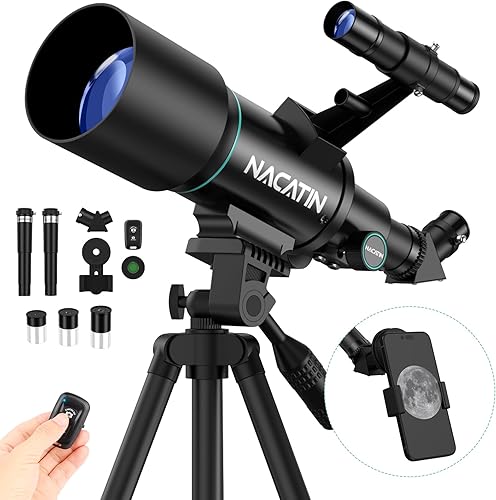 NACATIN - Telescopio para adultos y niños, apertura de 2.756in (15X-150X) telescopios refractores portátiles para principiantes en astronomía,