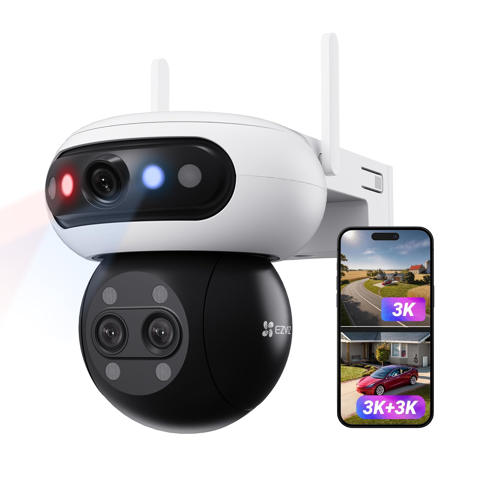 EZVIZ 3K(5MP) x 3 Caméra de Surveillance Extérieure Wi-FI à Triple Objectif, Reconnaissance Faciale Locale, Zoom Hybride x 12, Détection Personne/Véhicule, Vue Nocturne Couleur, Couverture 360°, C90f