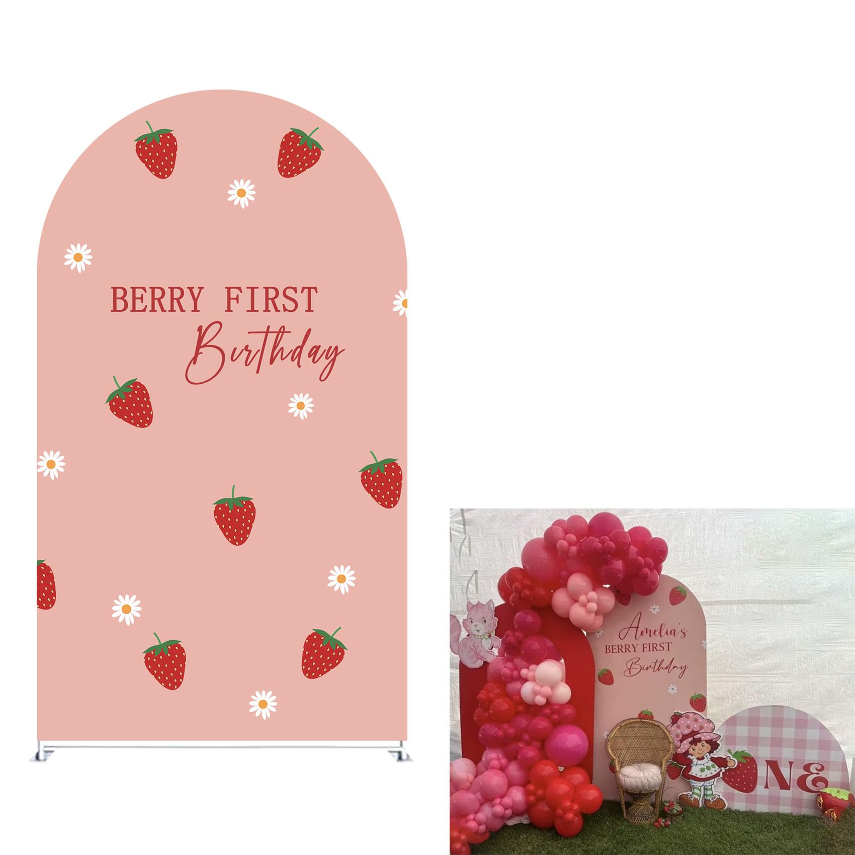 Berry First Birthday Party Arch Backdrop Cover Decorations Arch Stand Covers for Kids Baby Shower Pink Strawberry ONE Balloons Parties Decors (4X7.2ft