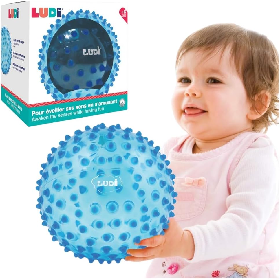 Ludi - Blue Massage Ball - Sensory Awakening for Babies from 6 Months - Soft Nubs - Stimulation, Dexterity and Coordination - 100% PVC - Washable - Ø 20 cm - Relieves Teeth and Promotes Play