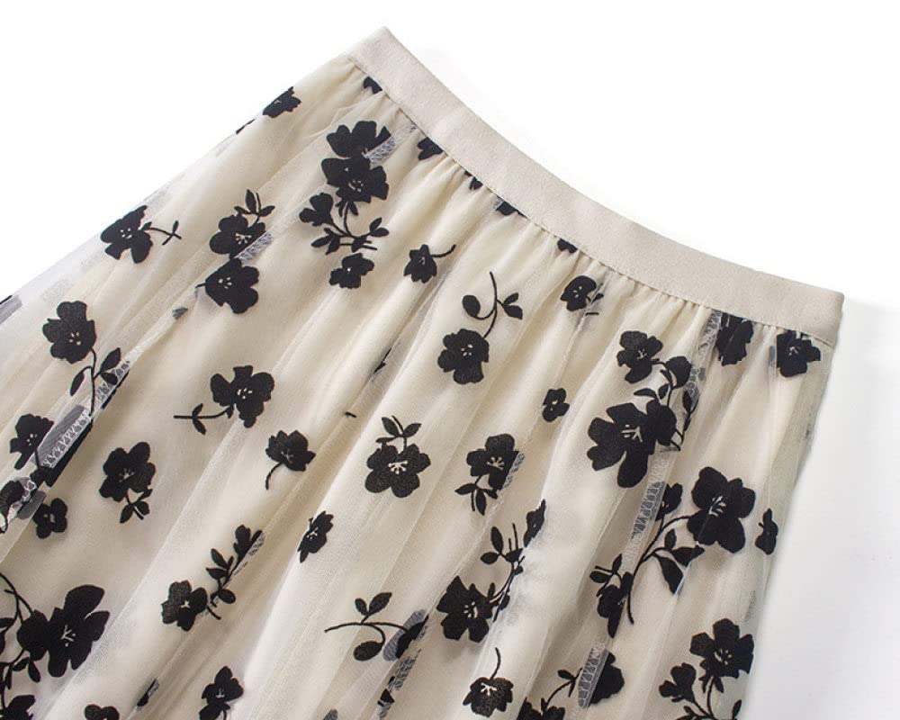 Faldas Mujer Reino Unido,Falda De Tul con Flores Flocadas Faldas Plisadas Elegantes para Mujer Cintura Elástica Falda Midi Negra De Invierno Faldas De Talle Alt(Apricot)