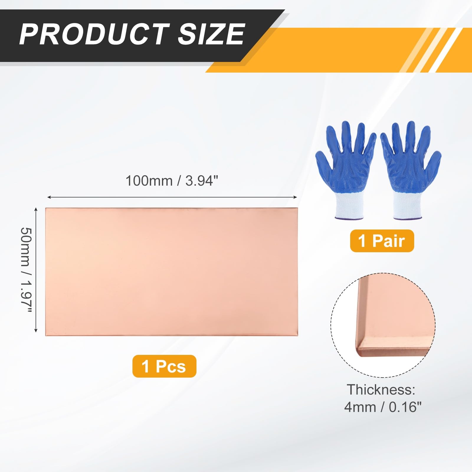 QUARKZMAN Lámina De Cobre 99.9% Puro, Placas De Metal De Cobre 3.94"x1.97"x0.16" (100x50x4mm) Con Guantes Para Manualidades DIY Joyería Reparaciones Industria Ingeniería Eléctrica Circuitos