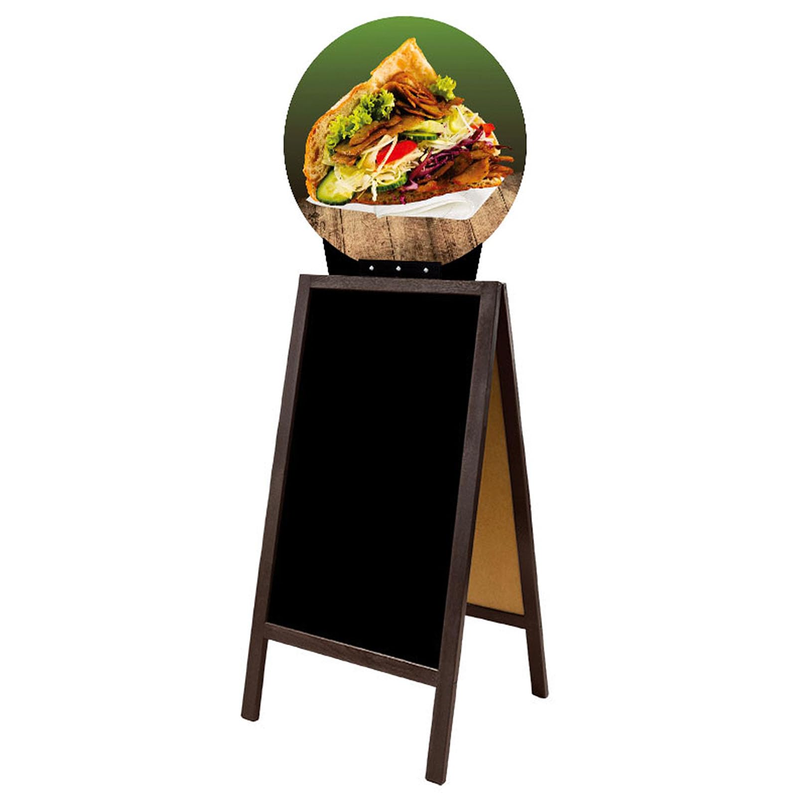 Blocco clienti double face, 192 x 74 cm, con lavagna HDF, struttura in legno marrone, 16 motivi per gelateria, caffetteria, pizzeria, ristorante e gastronomia (12° hamburger)