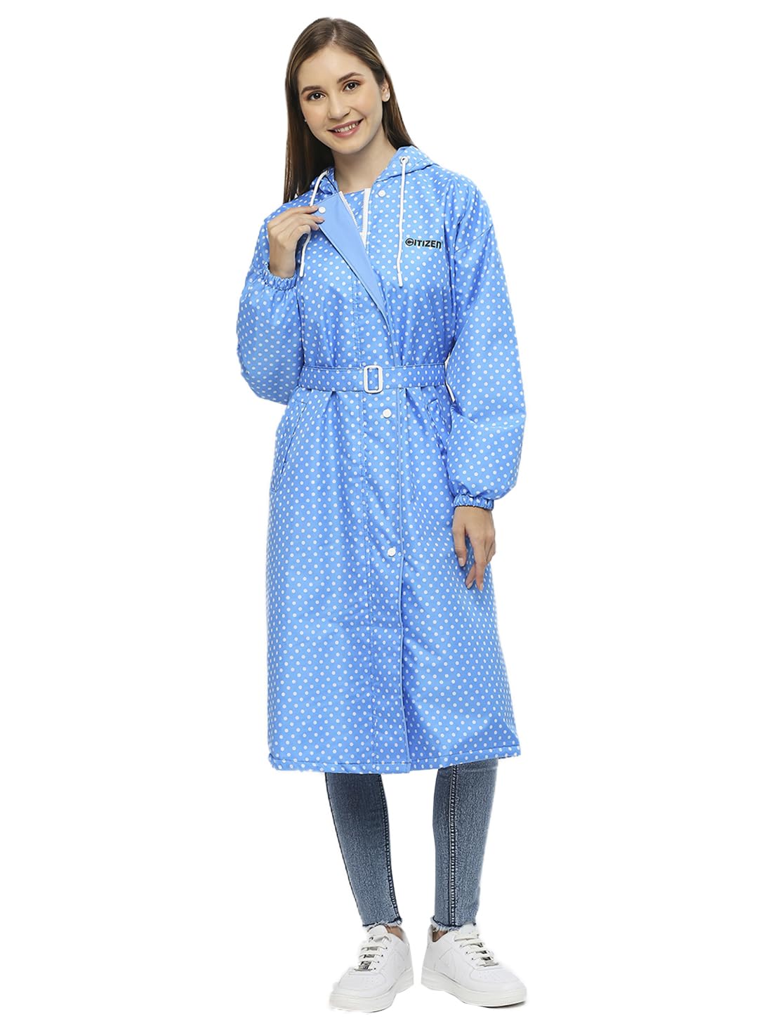 Polyester Reversible Casual Style Raincoat For Women With Inbuilt Hood,Waist Belt & Matching Carry Pouch|Stylish Polka Dot Design|Durable & Lightweight Rainsuit With High Tearing Strength-image-9
