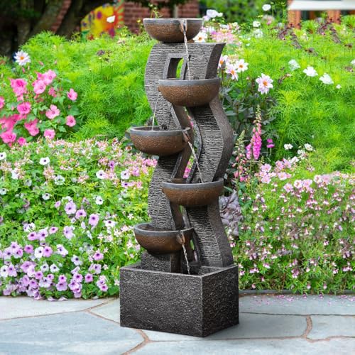 52.8" Tall Outdoor Water Fountain with Lights, 6-Tier Cascading Resin Waterfall Feature for Porch, Garden, Yard, Deck, Patio – Large Freestanding Outdoor Fountain and Waterfall Outside Decor