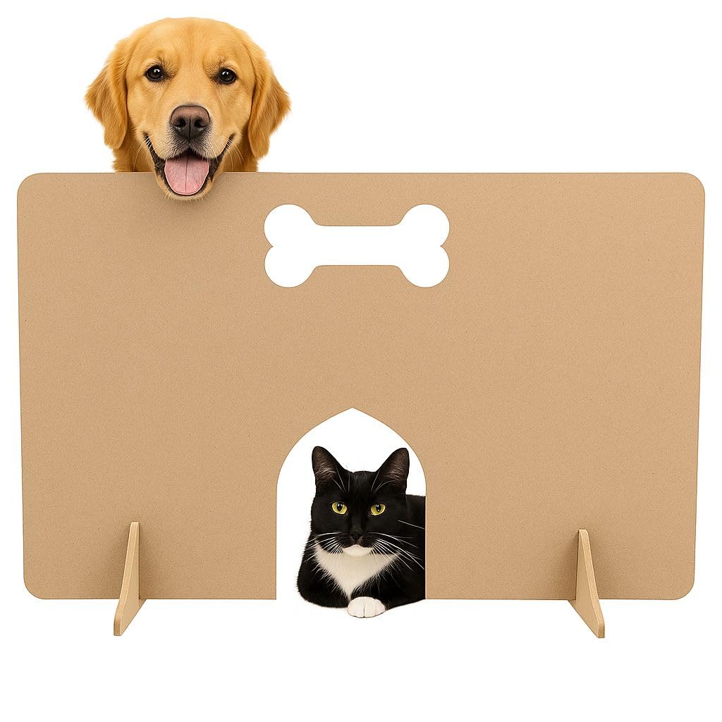Woodica Natural Dog Wooden Stopper With Cat Access – Freestanding Stopper For Stairs | Dog Barrier Gate | Portable Wooden Pet Stopper | Puppy Gate For Stairs Indoor (40Cm (H) X 85Cm (W))