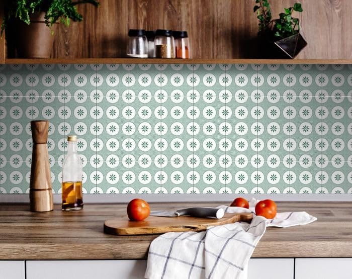 4 x 4 in. Light Sage & White Circle Flower Peel & Stick Removable Tiles