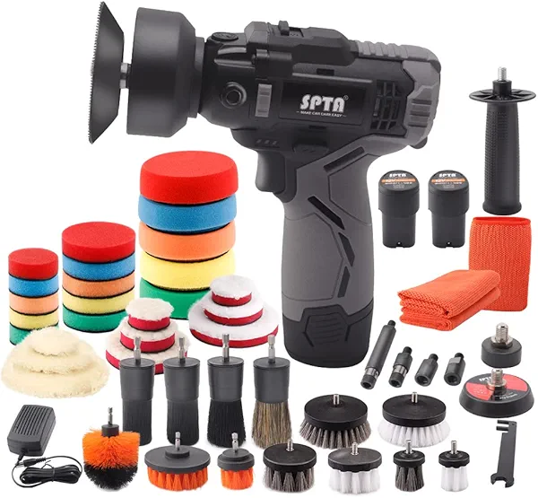 SPTA 12V Cordless Car Rotary Polisher Tool Sets, Dual Action Polisher Cordless Drill Variable Speed Buffer, 2000mAh Li-ion Battery with Fast Charger and Polishing Pads for Car Detailing and Polishing