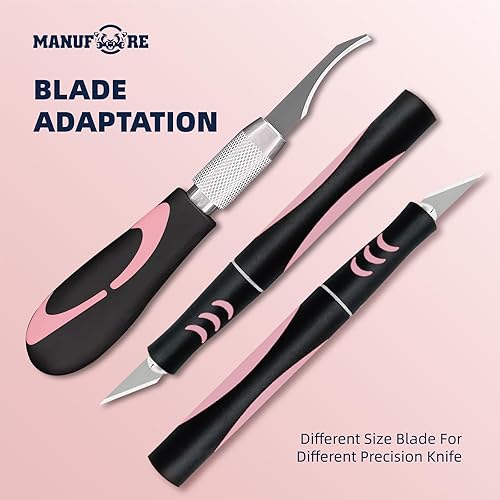 Miniatura 5 de MANUFORE Juego de 34 cuchillos Exacto grandes, color rosa, juego de cuchillos de precisión para manualidades, incluye 3 cuchillos de manualidades