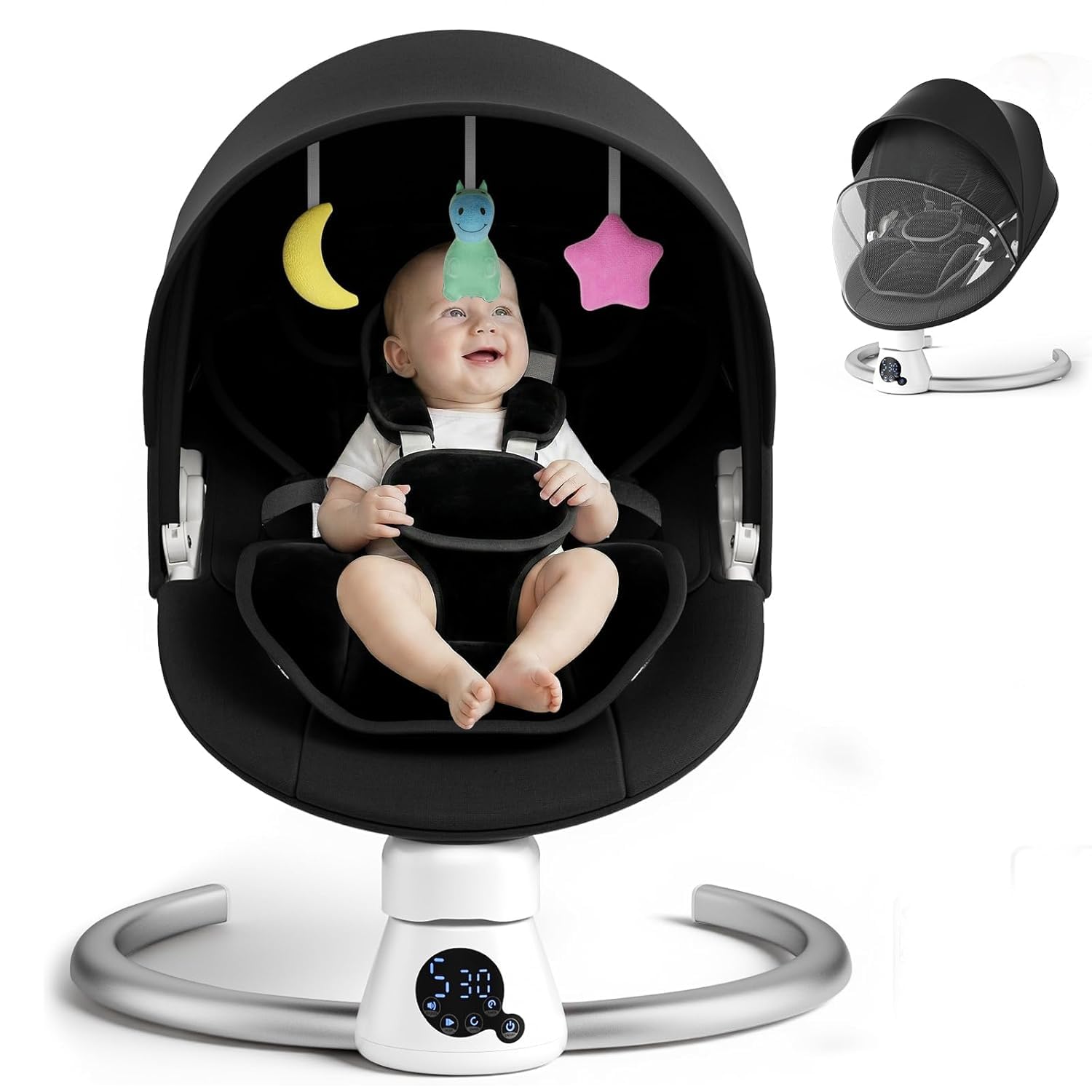 Hamaca Eléctrica para Bebé con Mando a Distancia y App,Mecedora con 5 Velocidades de Balanceo,3 Temporizadores,Arnés de 5 Puntos,2 Posiciones del Asiento,Silla Mecedora para 0-9 kg de Bebé-Negro
