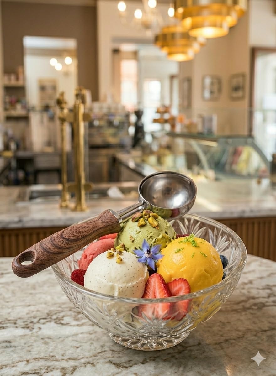 Heavy Duty Ice Cream Scoop with Ergonomic Wood Pattern Handle - Professional Stainless Steel Sorbet & Gelato Scooper, Zinc Alloy Metal Scoop for Hard Ice Cream, Dishwasher Safe Kitchen Tool