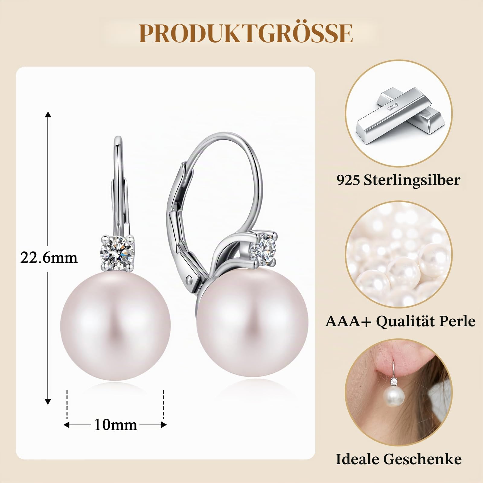 18 Karat Weiß Perlen Ohrringe Damen 925 Sterling Silber Set Perlenohrringe hängend für Damen