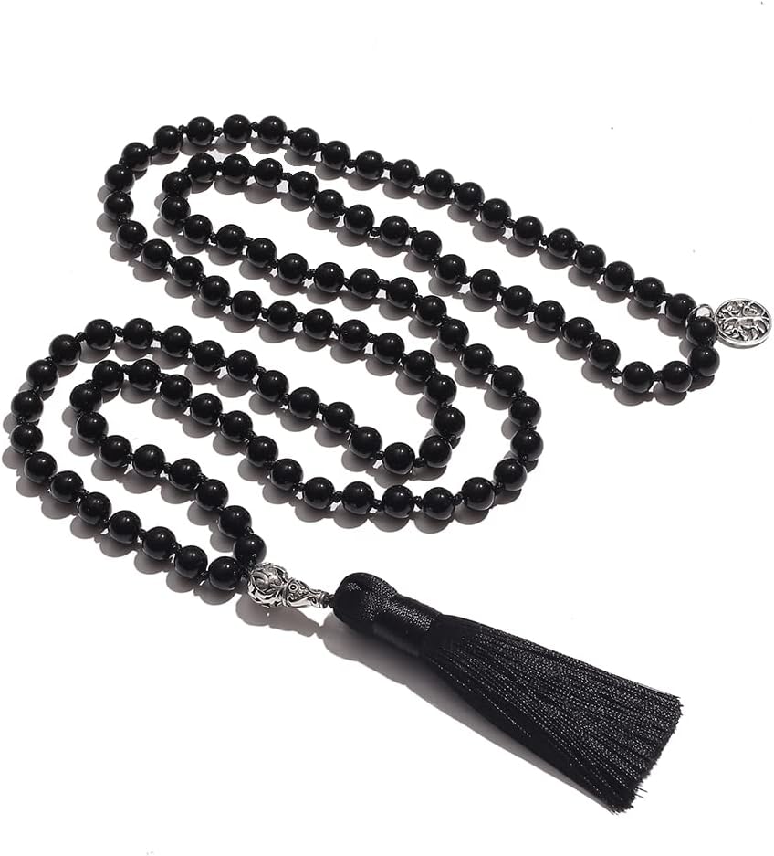 108 Mala Prayer Beads Necklace Natural Stones Meditation Yoga Jewery 108 Hand Knotted Japa Mala Beaded Long Tassel Necklace with Tree of Life Pendant for Men and Women