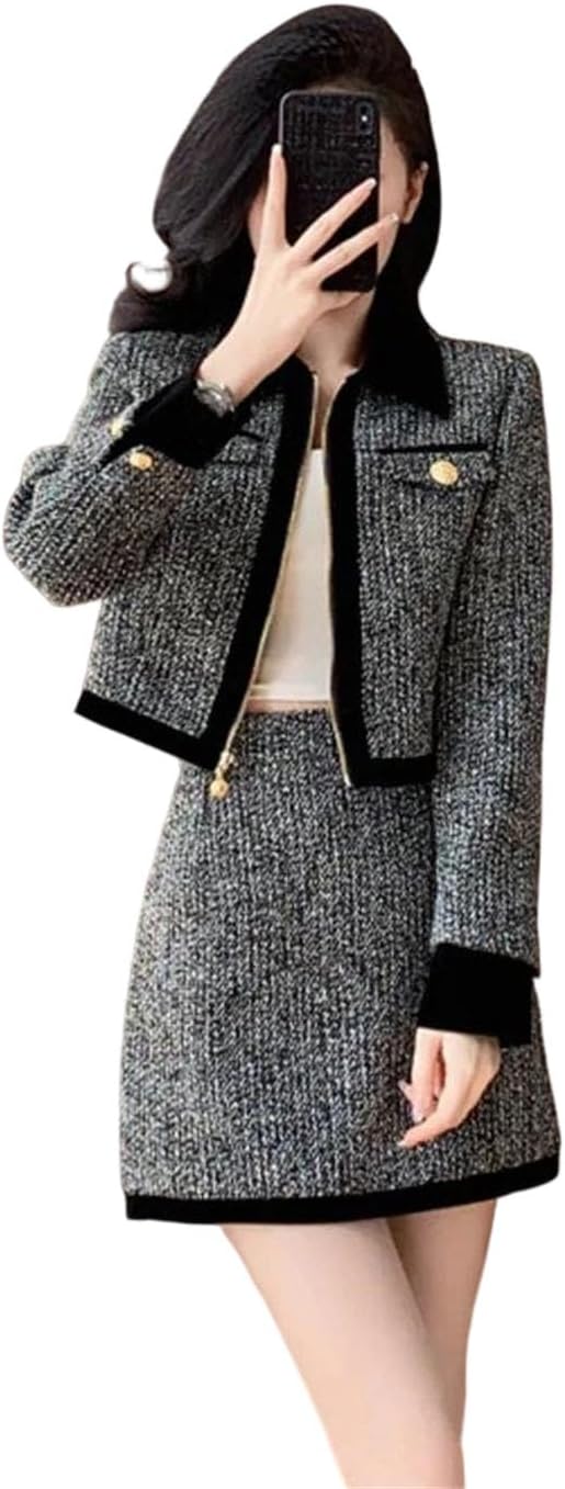 Women Tweed Two Piece Set Thick Jacket Skirt Casual Outfit