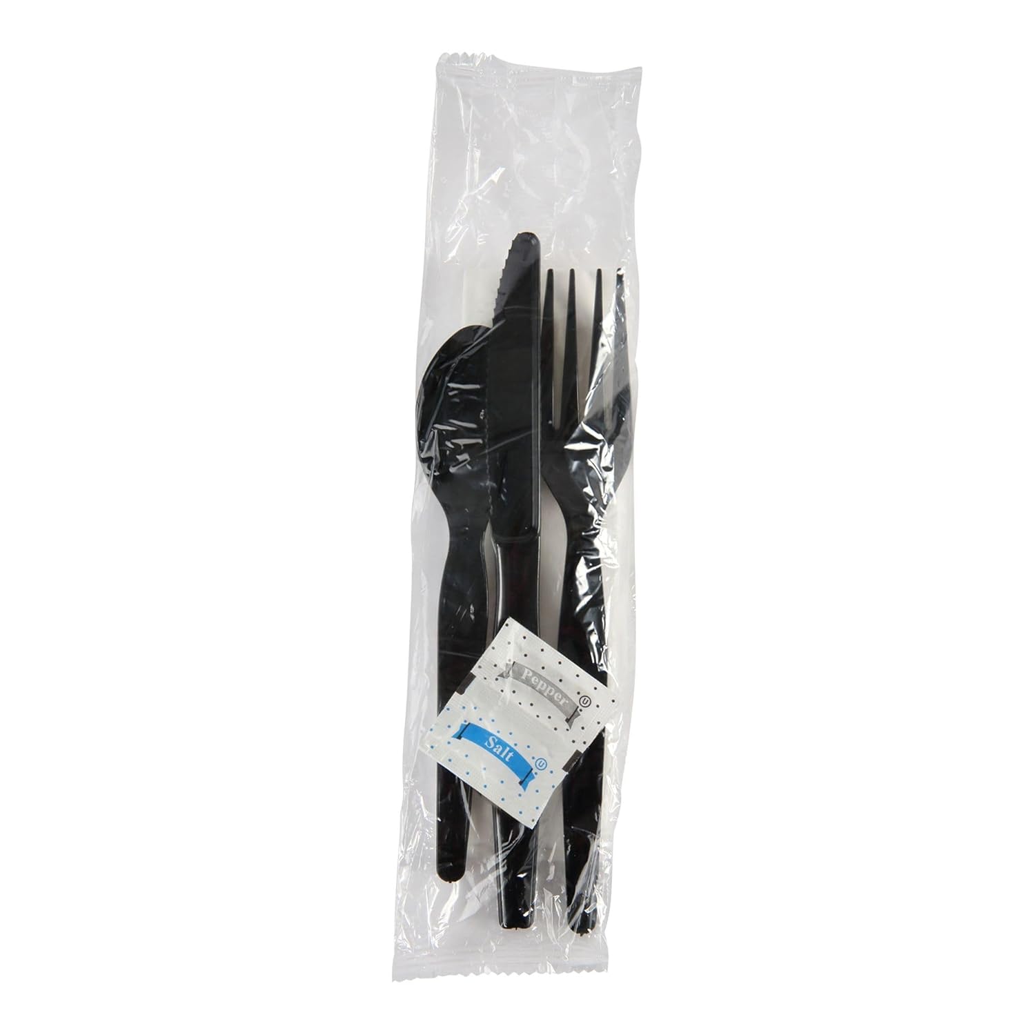 Boardwalk Six-Piece Cutlery Kit, Condiment/Fork/Knife/Napkin/Spoon, Heavyweight, Black, 250/Carton