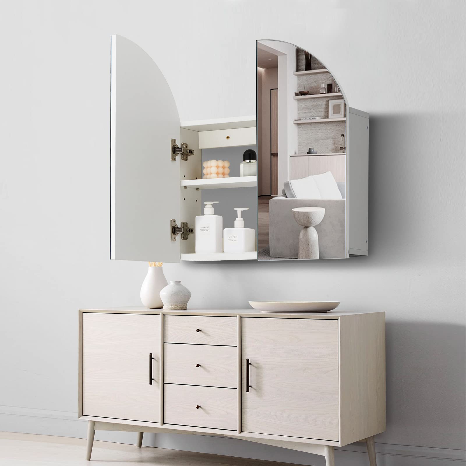 Armadietto da bagno con specchio bianco ad arco con mensola regolabile, soluzione elegante e funzionale per piccoli spazi, moderno bagno nization