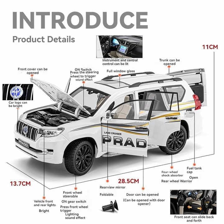 Image of Model Car Exclusive Alloy Metal Pull Back Die-cast Car Metal Pullback Toy car with Openable Doors & Light Music Best Gifts Toys Kids (1:18 Scale Toyota Land Cruiser Prado - Black)