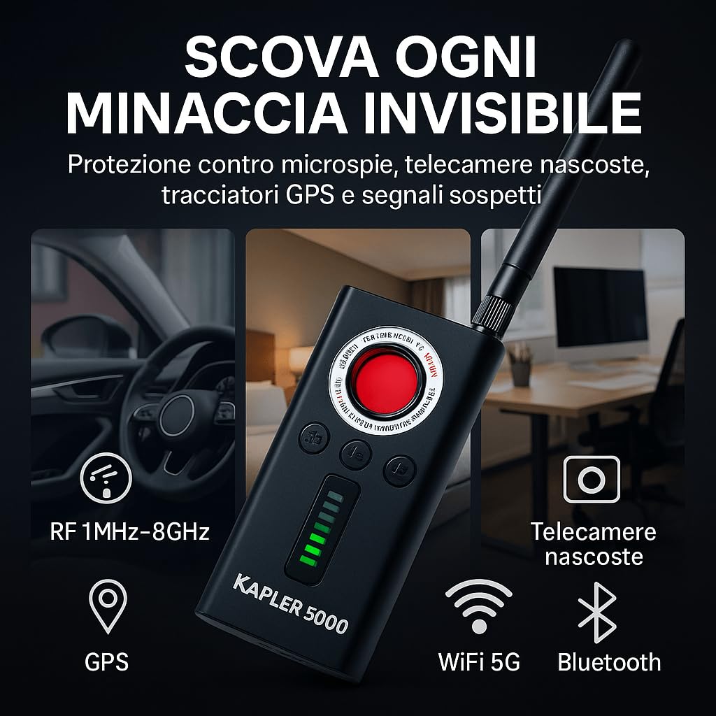 Rilevatore Microspie, Telecamere Nascoste e GPS - Rilevatore Anti-spionaggio Portatile, Perfetto per Uffici, Hotel, Case e Viaggi - Proteggi la Privacy con Tecnologia Avanzata (KAPLER 5000)