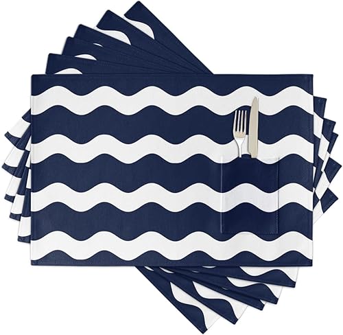 Miniatura 7 de Juego de 2 manteles individuales resistentes al calor, manteles individuales lavables para cocina, con bolsillo, color azul marino y blanco con