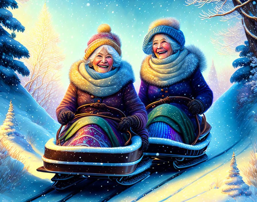 Poster rires de vieilles femmes en hiver : tableau toile émotion pure 50x70