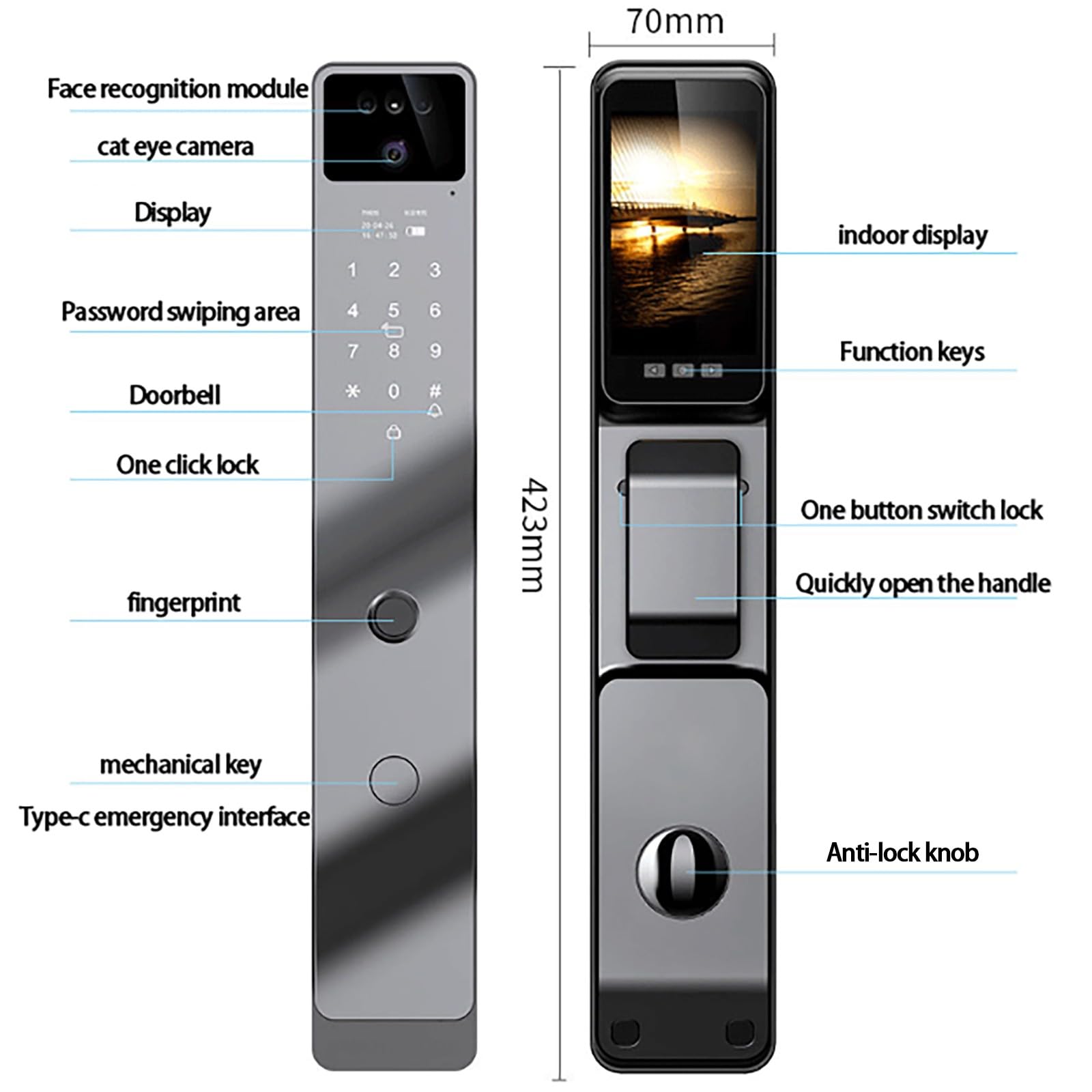 Smart Lock Con Fotocamera Serratura Biometrica Con Ingresso Senza Chiave, Serrature Intelligenti Per Porta 3d Face Smart Door Lock Con Monitor Telecamera Di Sicurezza(lock 30 * 240mm)