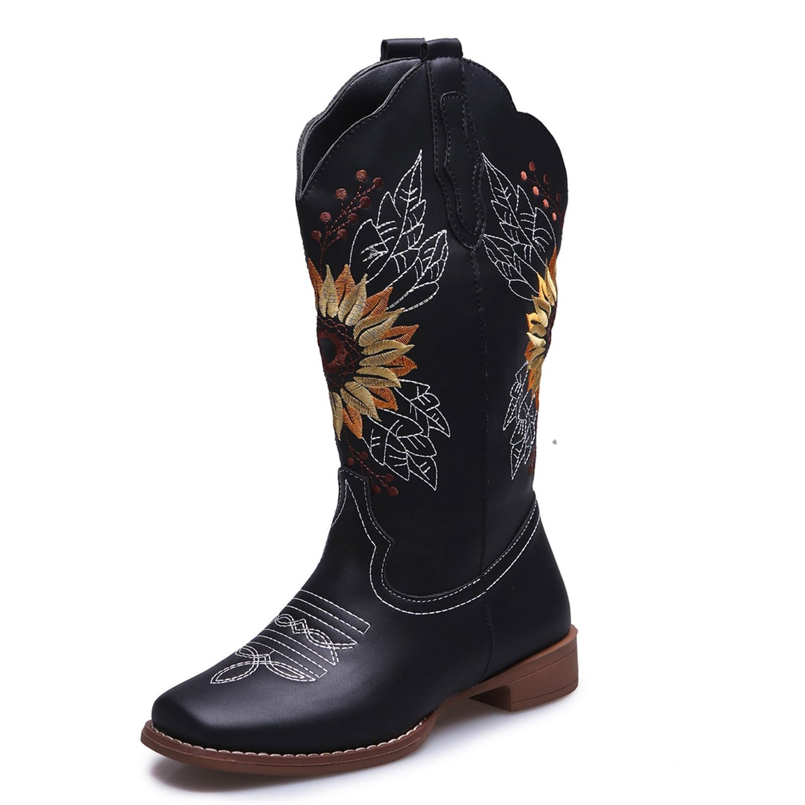 Womens Cowboy Boots Fashion Sunflower Embroidery Stitched Riding Wedding Mid Calf Boots Square Toe Low Heel Western Cowgirl