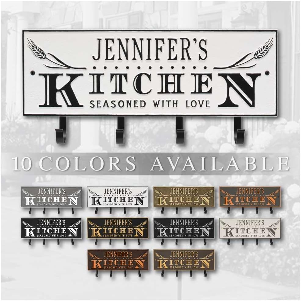 Personalized Seasoned with Love Kitchen Wall Hook Plaque – Custom Cast Aluminum Sign with 4 Hooks – Rustic Home Décor for Mugs, Bags, Potholders – 10 Colors – Made in USA