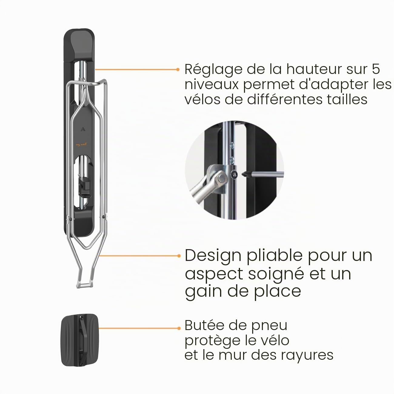 my wall HR11L Support mural pour vélo, peu encombrant, pivotant, pliable, jusqu'à 71 mm de largeur de pneu, capacité de charge de 35 kg