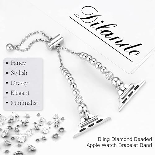 Miniatura 7 de Dilando Correa plateada brillante compatible con Apple Watch de 1.496 in, 1.575 in, 1.614 in, 1.654 in, 1.732 in y 1.772 in, correa elegante de
