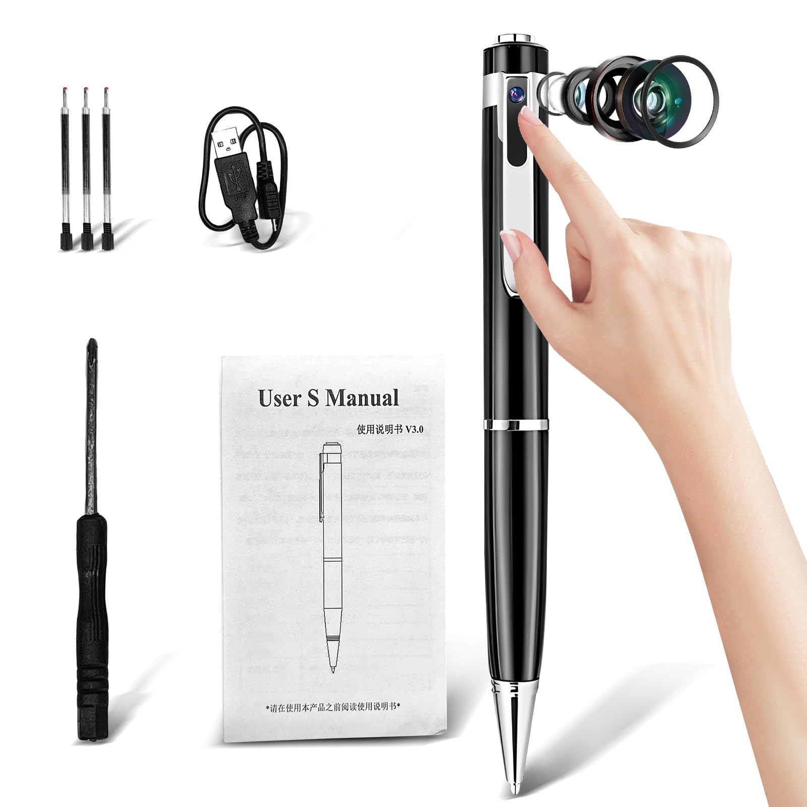 Gravador de Voz Digital 32GB, Caneta Esferográfica com Gravação de Áudio HD, 540 Horas de