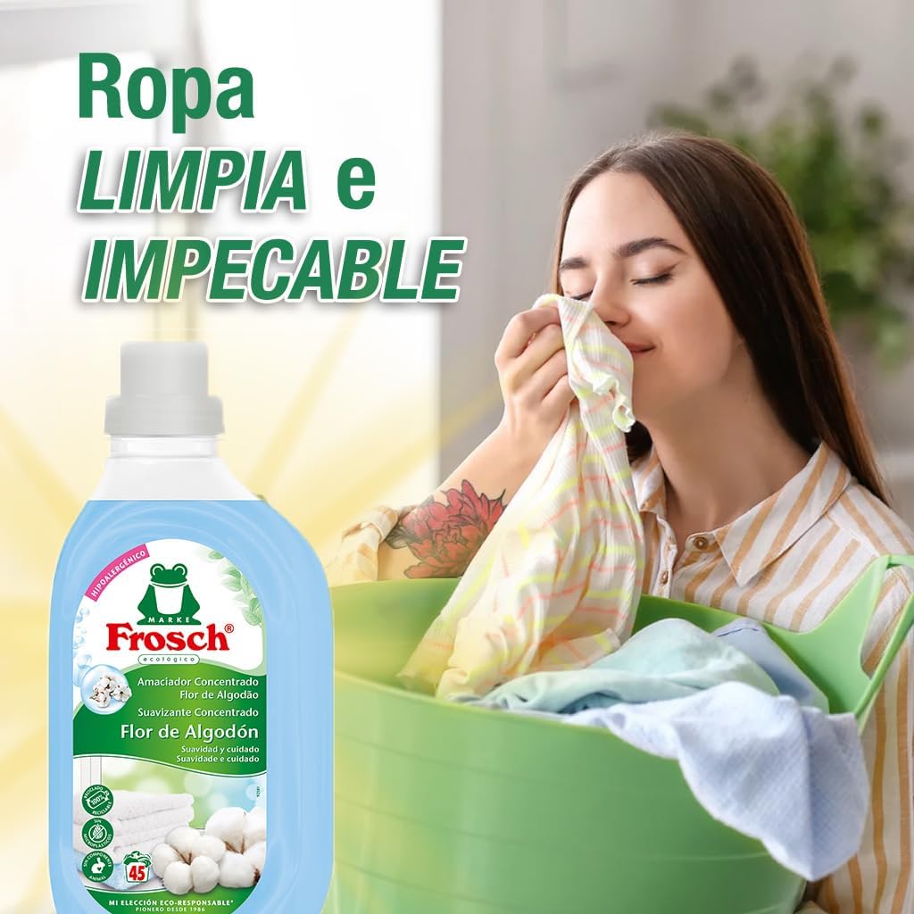Frosch - Suavizante Concentrado Liquido Ecológico Flor de Algodón para Lavadora, Apto para Ropa Blanca y de Color, Producto Hipoalergénico y Ecológico - 900 ml - Imagen 6