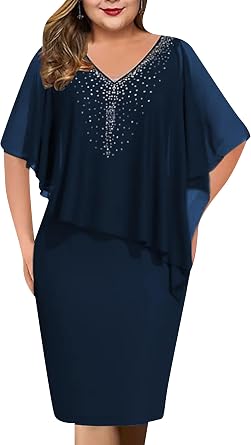 GORIFE Womens Rhinestone Overlay Summer V Neck Cape Sleeve Dress Pencil Casual Solid Color Mesh Chiffon Dress