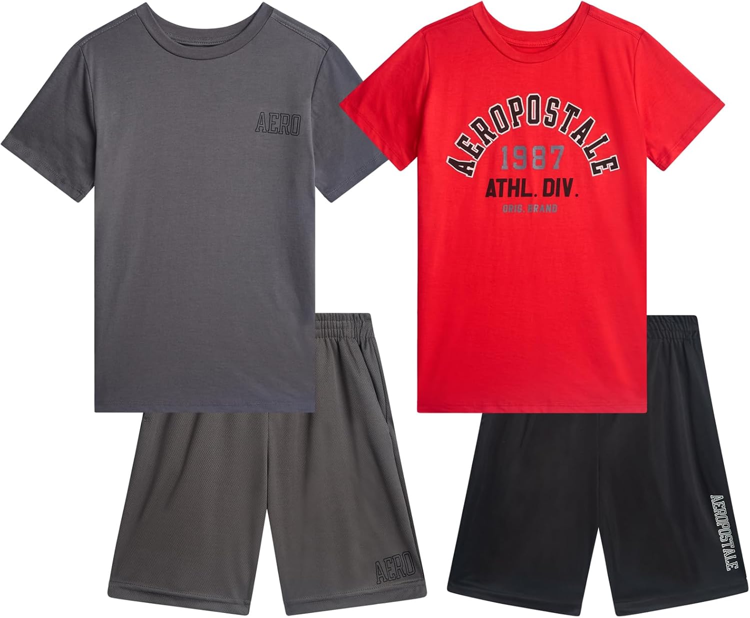 AEROPOSTALE Boys’ Shorts Set – 4 Piece Short Sleeve Crew Neck Jersey Graphic T-Shirt and Mesh Shorts Set for Boys, Sizes:8-12