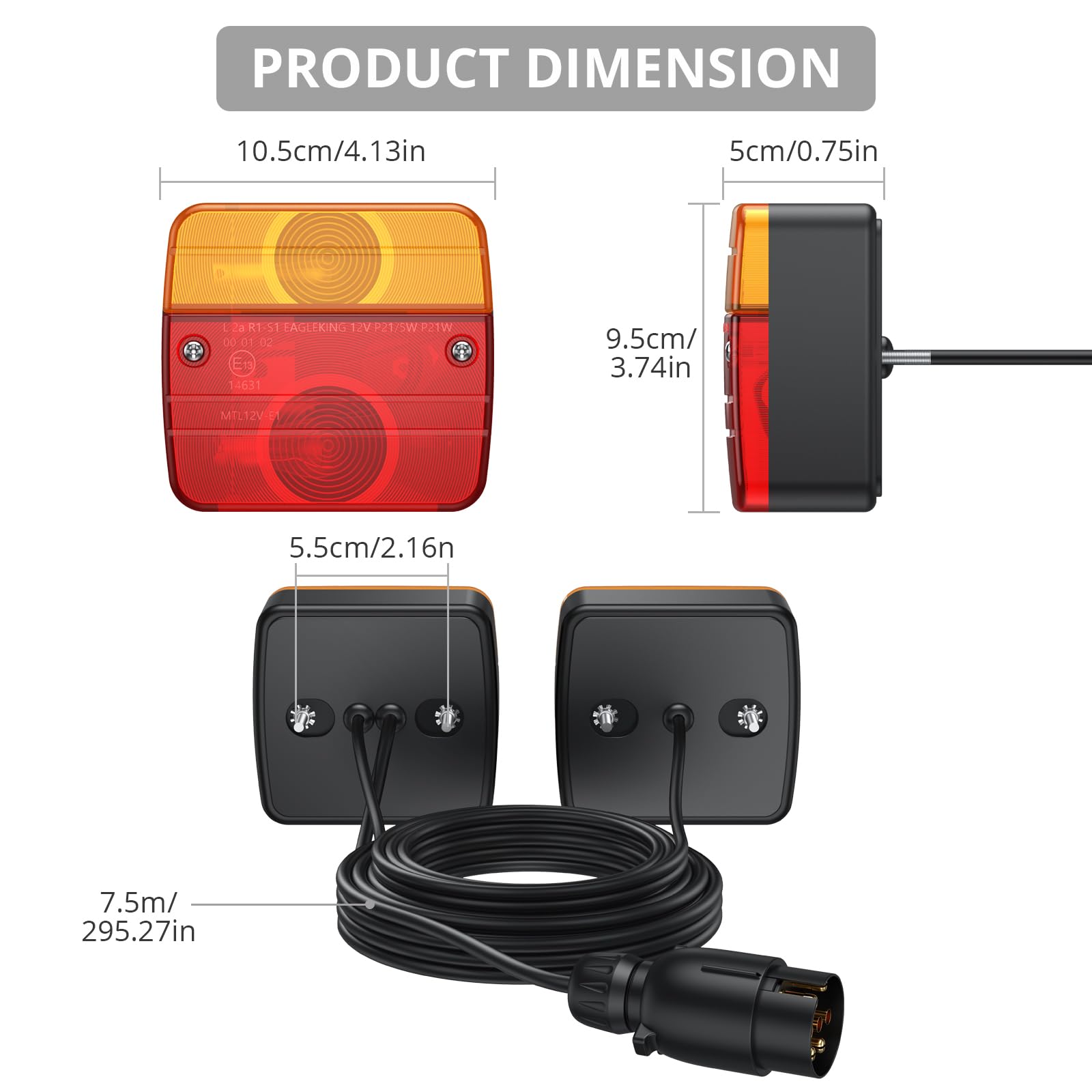 Justech 2 Pezzi Luci Posteriori Super Luminoso 12V Luci Posteriore del Rimorchio con E-mark Set Fanali Posteriori Impermeabile IP65 con Cavo da 7,5 m Fanali LED Rimorchio 21W con Montato a Vite