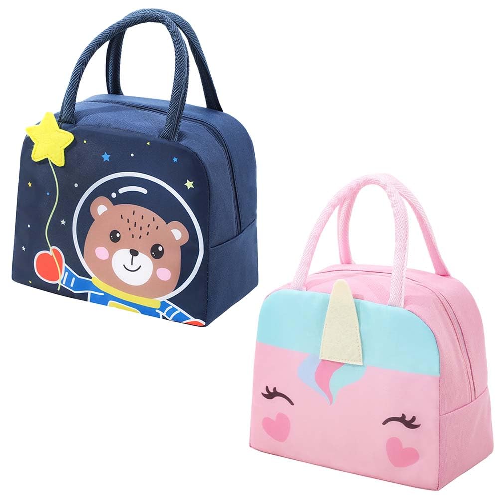ZGCXRTO 2 PCS caricatura Bolsa Térmica Almuerzo Niños Bolsa Nevera Pequeña Infantil Plegable, Bolsa de Almuerzo Impermeable, Bolsa Impermeable Comida Trabajo (Unicornios y osos