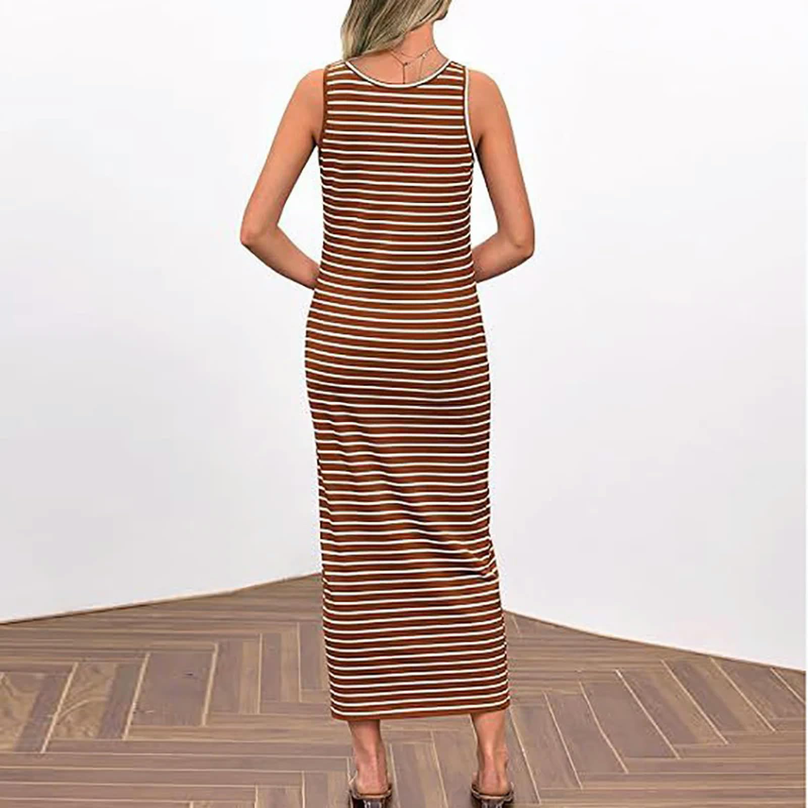 Vestido Camisero con Botones y Estampado a Rayas para Mujer, Vestido Sexy con Cuello en U, sin Mangas, Bohemio, Largo, sin Mangas, para Fiesta y Playa, Primavera 2024