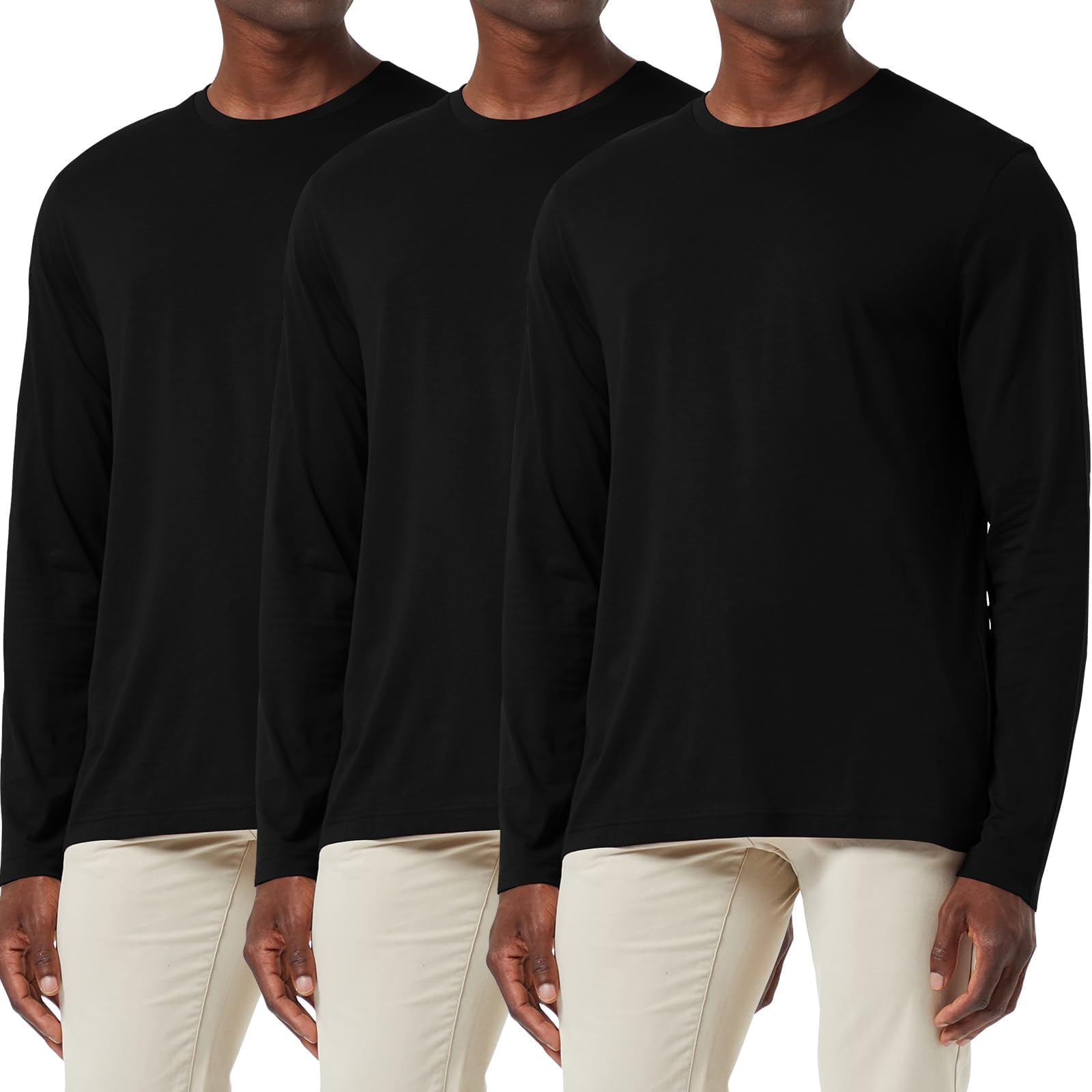 Lot de 3 T-Shirts à Manches Longues en Coton pour Hommes, Chemises à Col Rond Évacuant L'humidité, Hauts Légers et Confortables pour Couche de Base Décontractée