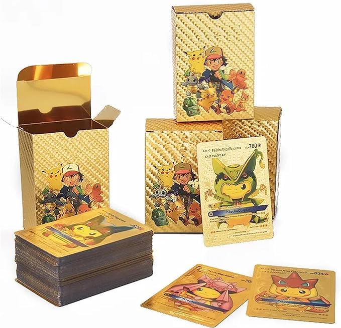 Douer Nuevo 55 Cartas Pok de Lamina con Alto Ataque, Material de PVC, Cartas de Colección, Version Ingles (Gold)