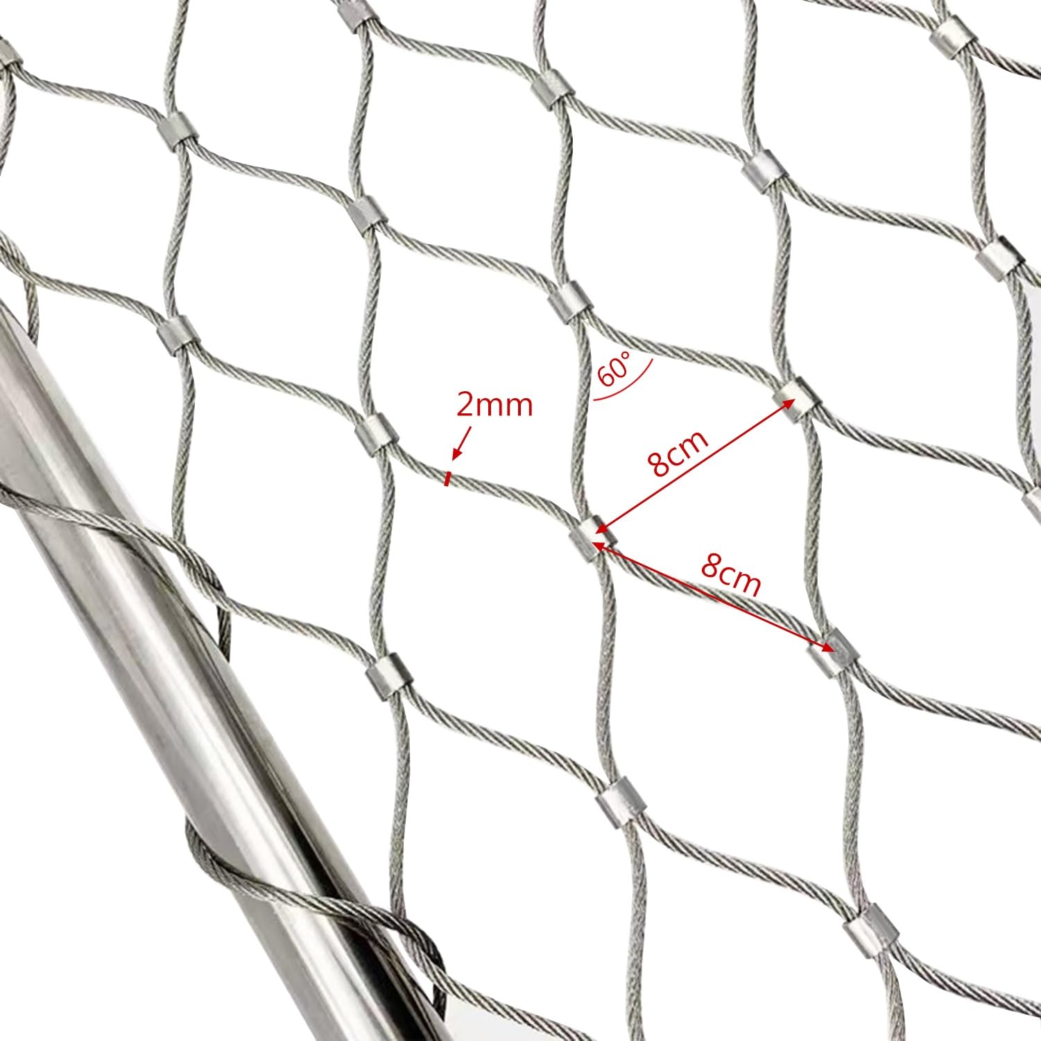 304 Malla de Cuerda Anti-caída de Acero Inoxidable 8cm/2mm Malla Alambre Cable Flexible Movible Protección de Seguridad X-tipo Cuerda Malla(0.8x15m)