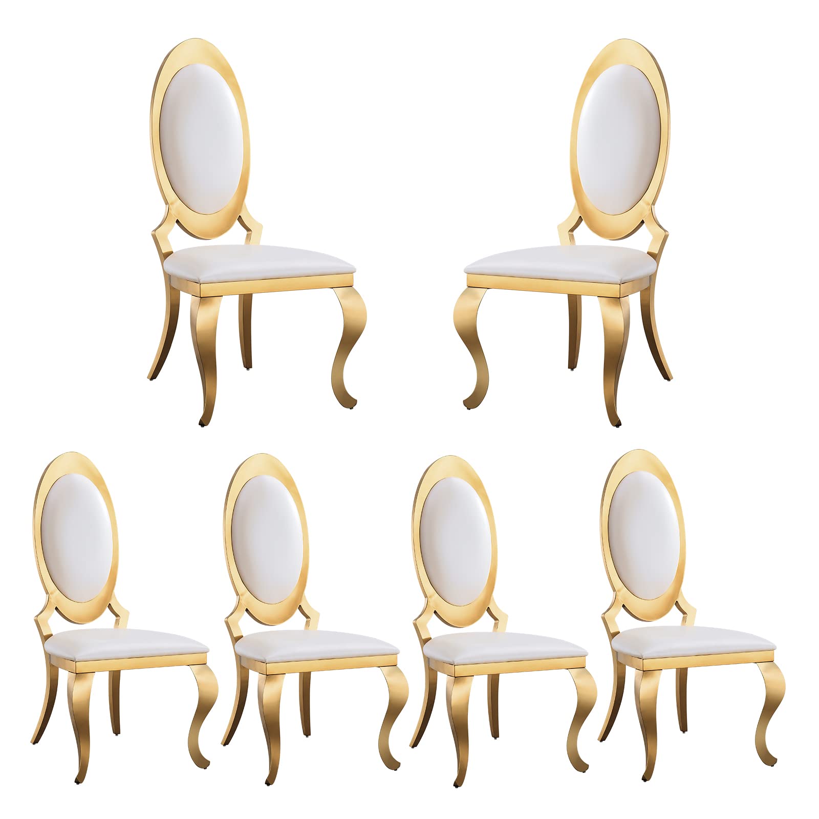 Henf Contemporary Leather Dining Chairs Set of 6, White Oval Living Room Accent Chair Set with High Back & Gold Stainless Steel Legs, Luxurious