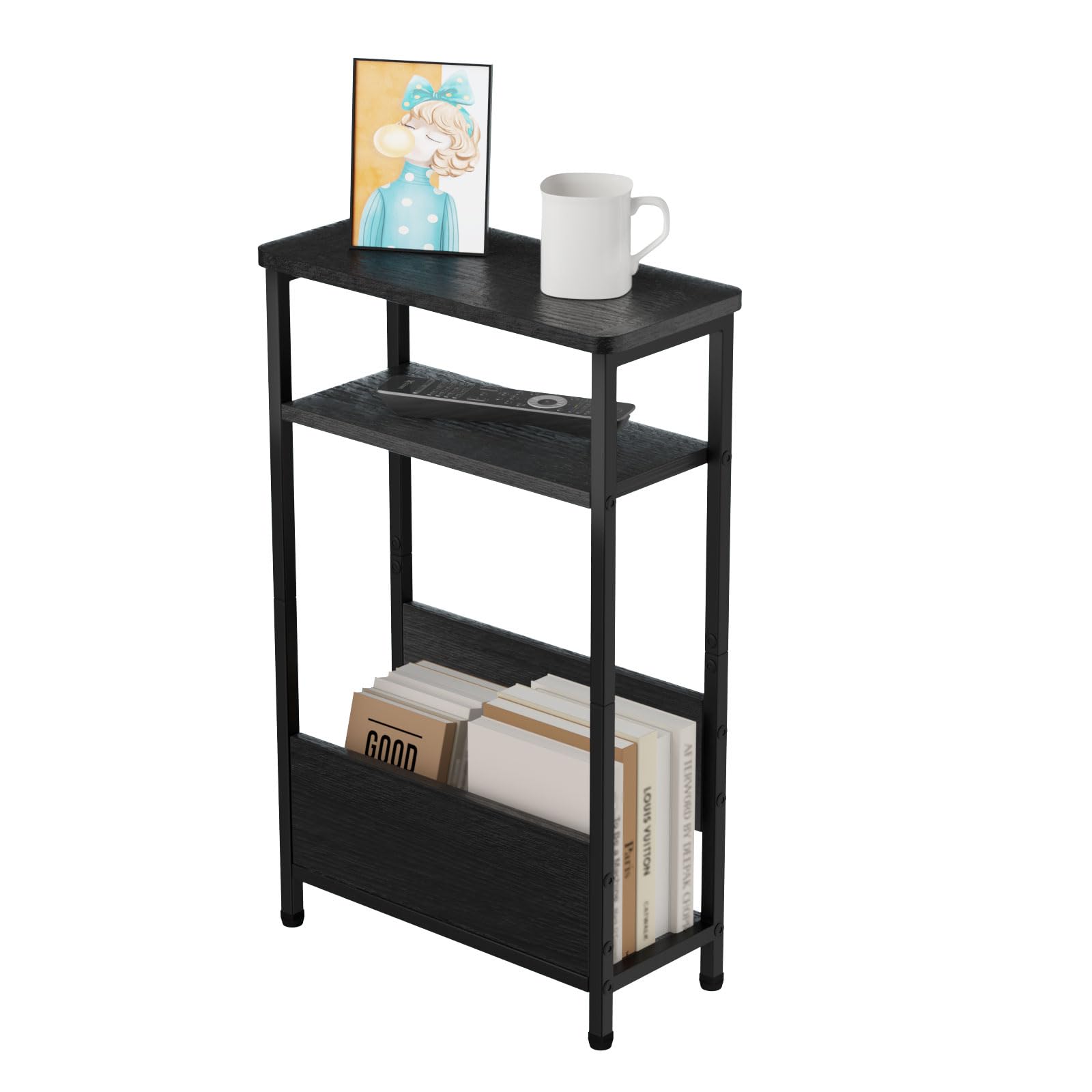 7.1" Narrow Side Table for Small Spaces, 3 Tier Small End Table with Magazine Holder, Slim/Skinny Nightstand/Bedside Table for Living Room, Bedroom, 15.4" L x 24.2" H, Black