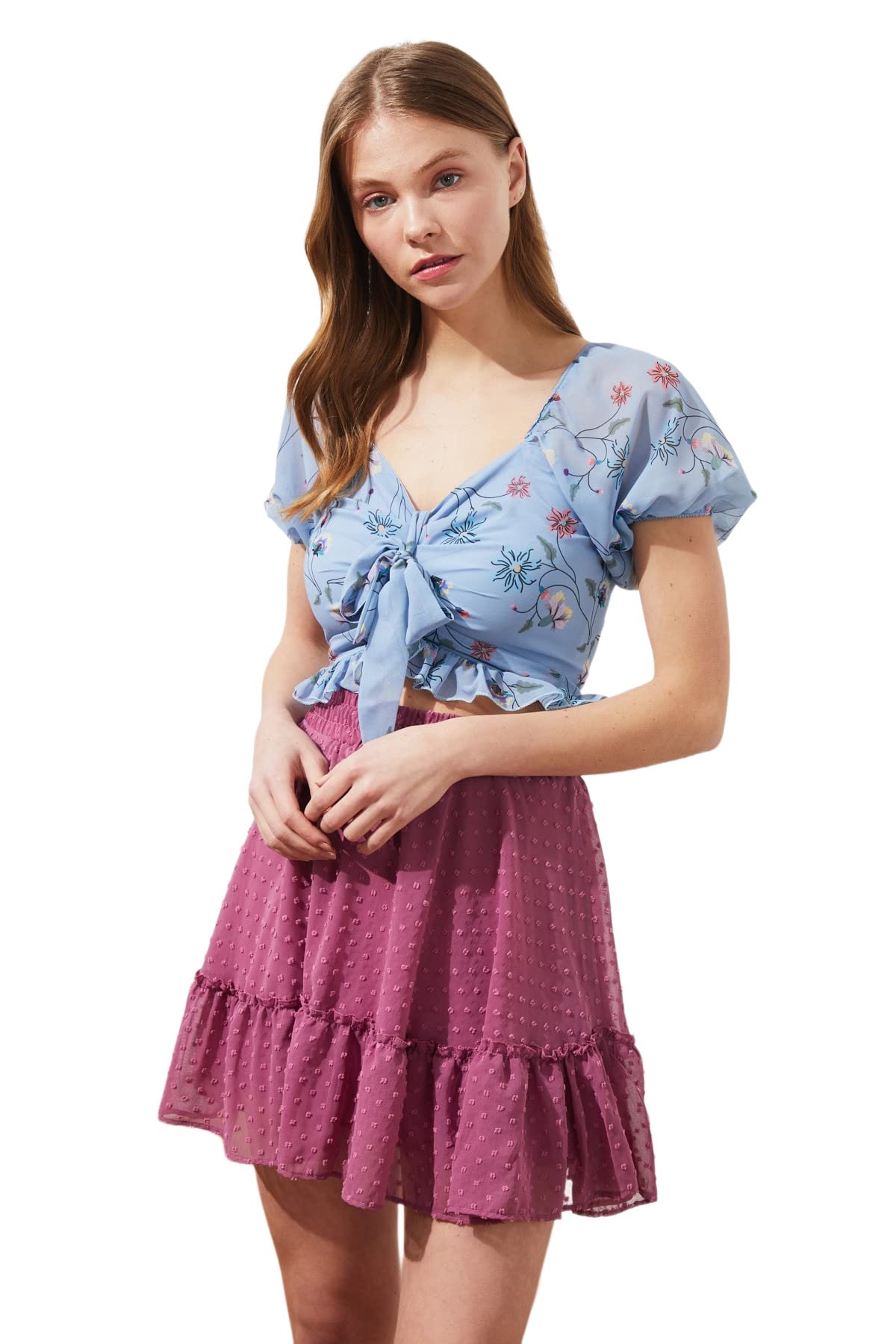 Trendyol Women's Blue Fitted Bodycon Sweetheart Woven Blouse,,36