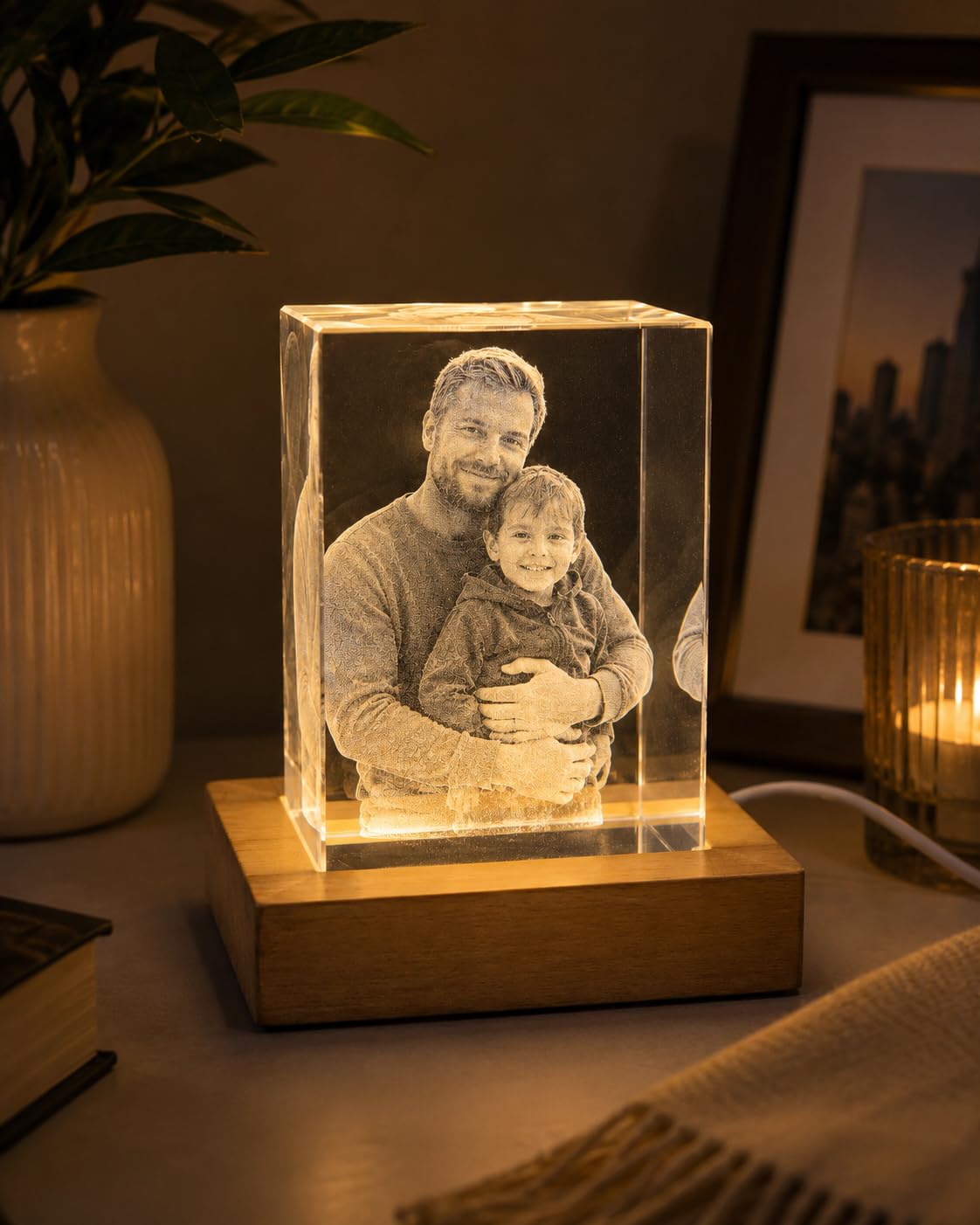 2.5D Kristall mit Foto, Foto Würfel mit LED-Sockel – Personalisiertes Kristallfoto aus K9 mit Lasergravur, Geschenk für Mama, Papa & Paare