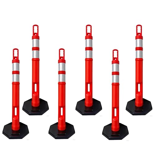 CJ Safety (Paquete de 6 juegos) Cono de poste de delineador naranja de 45 pulgadas con base de goma negra resistente de 10 libras, 2 bandas