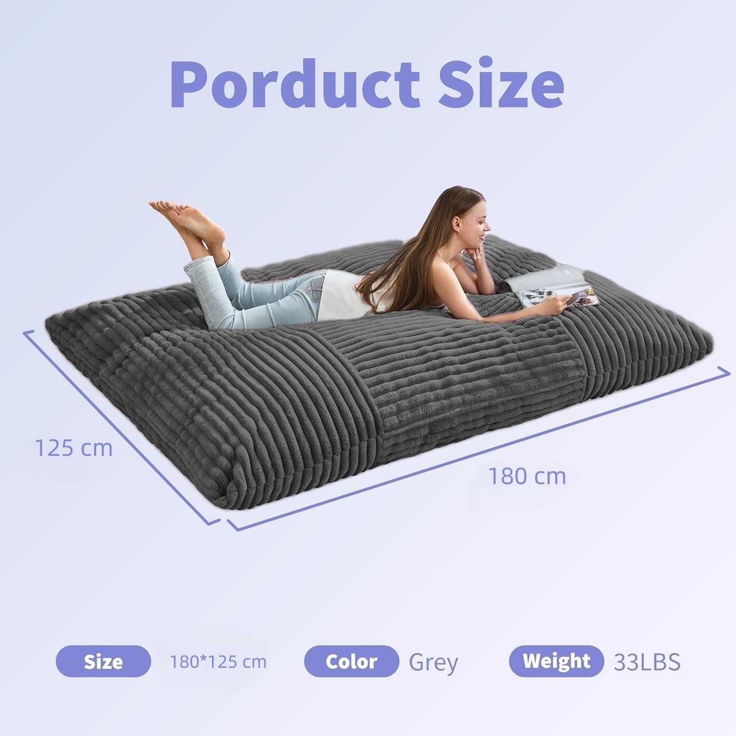 Puf XXL 3 en 1 convertible gris oscuro – Sofá con espuma viscoelástica, funda de pana mullida, sillón de salón y puf para juegos para sala de estar